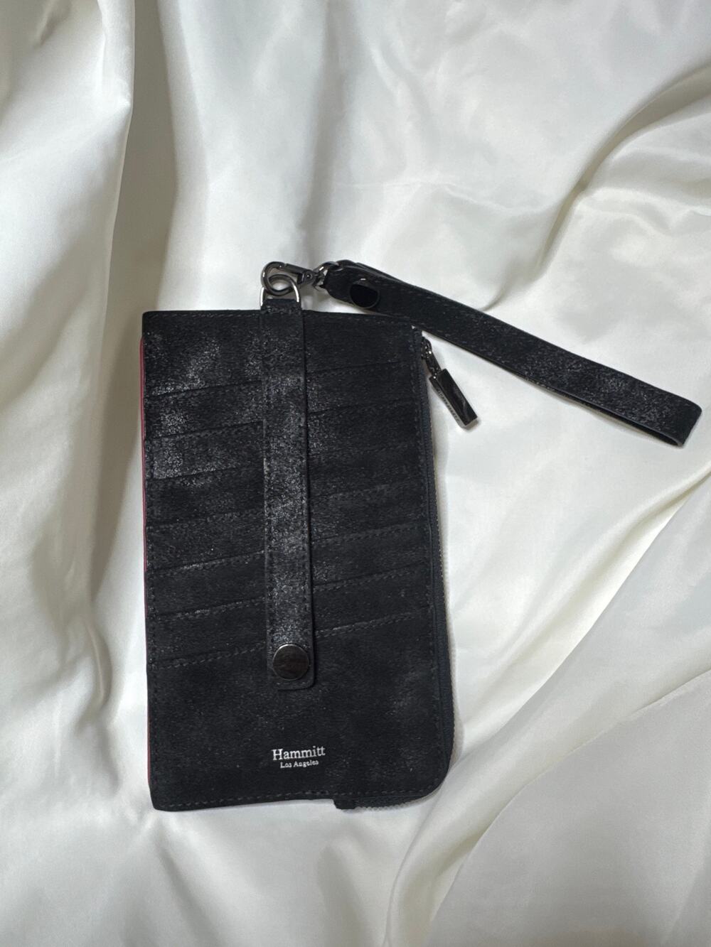 Hammitt 210 West Leather Card Holder Wallet Wristlet - Black Suede / Gunmetal